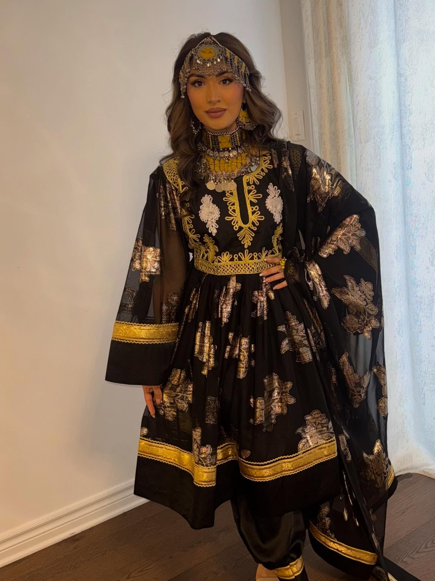 Black & Gold Floral Afghan Dress