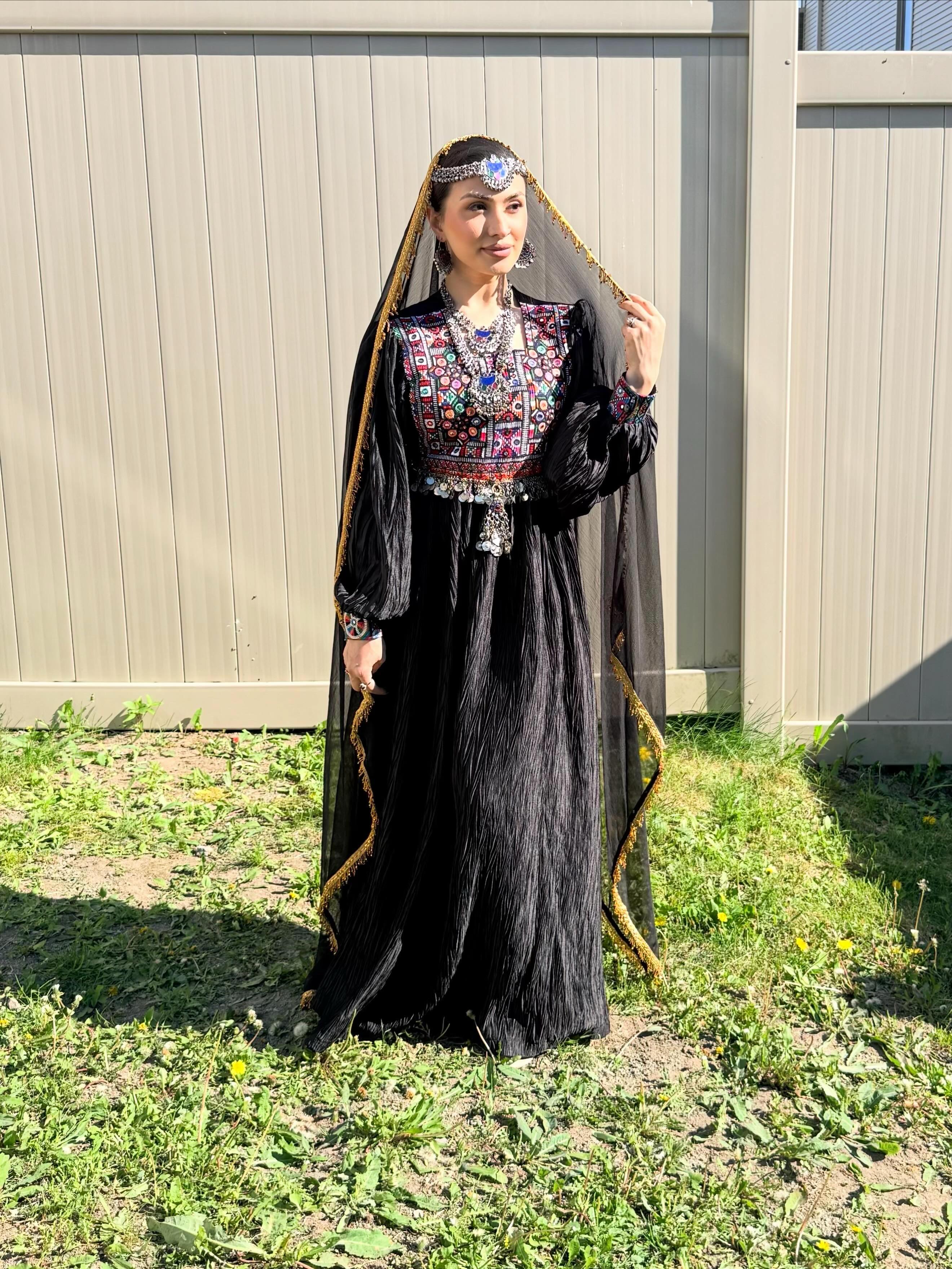 Black Afghan Dress with Pink Embroidery