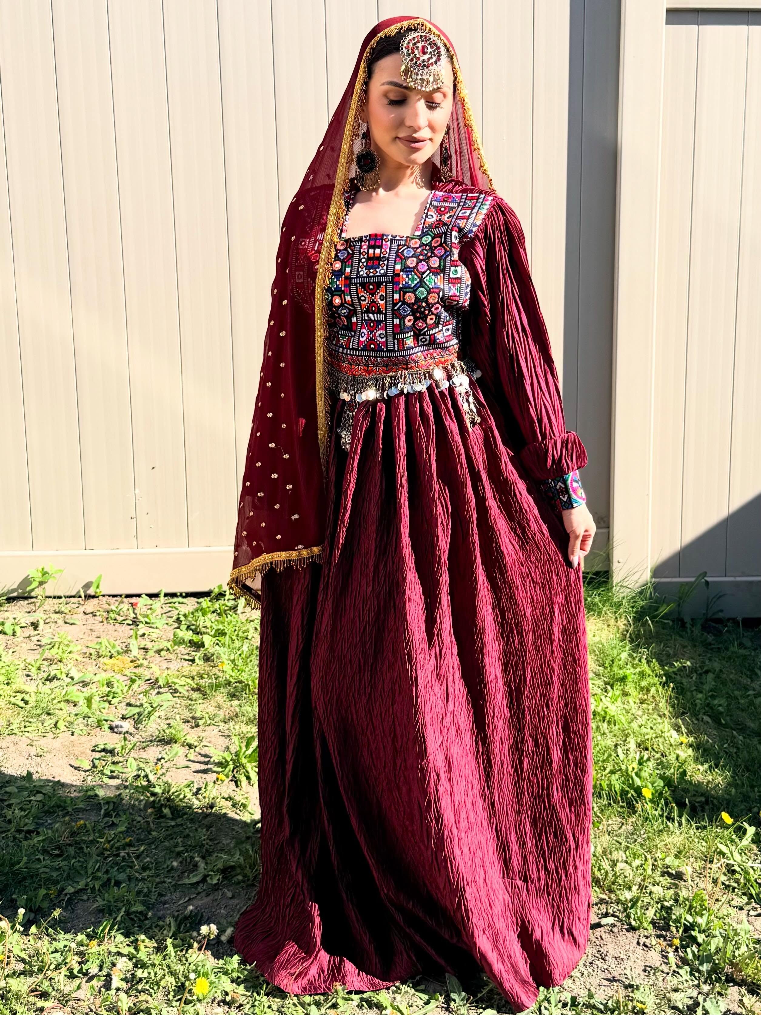Maroon Embroidered Afghan Dress